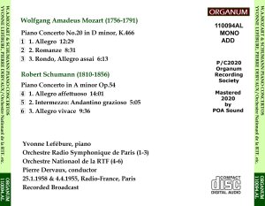 画像2: [新品CD-R] ORGANUM イヴォンヌ・ルフェビュール、スタジオ・ライブ／モーツァルト ピアノ協奏曲第20番, シューマン ピアノ協奏曲