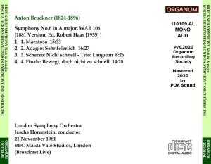 画像2: [CD-R] ORGANUM ホーレンシュタイン&ロンドン響 '61年放送ライヴ/ブルックナー 交響曲第6番