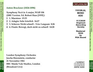 画像2: [新品CD-R] ORGANUM ホーレンシュタイン&ロンドン響 '61年放送ライヴ/ブルックナー 交響曲第6番