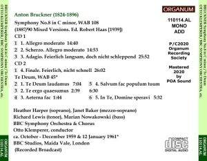 画像2: [新品CD-R・2枚組] ORGANUM クレンペラー＆BBC響 '59,'61年放送ライヴ/ブルックナー 交響曲第8番, テ・デウム
