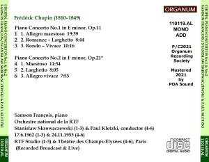 画像2: [新品CD-R] ORGANUM サンソン・フランソワ、ライヴ／ショパン ピアノ協奏曲第1番, 2番