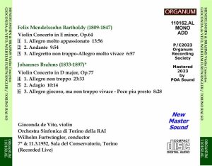 画像2: [新品CD-R] ORGANUM ジョコンダ・デ・ヴィート&フルトヴェングラー/メンデルスゾーン&ブラームス ヴァイオリン協奏曲