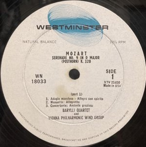 画像2: 米Westminster バリリ弦楽四重奏団&ウィーン・フィルハーモニー木管グループ/モーツァルト セレナード第9番「ポストホルン」
