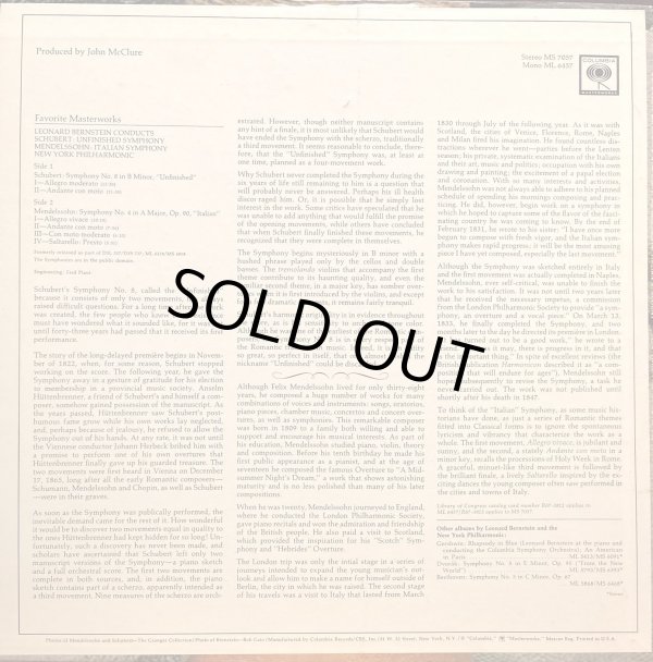 画像3: 米COLUMBIA バーンスタイン/シューベルト 交響曲第8番「未完成」, メンデルスゾーン 交響曲第4番「イタリア」