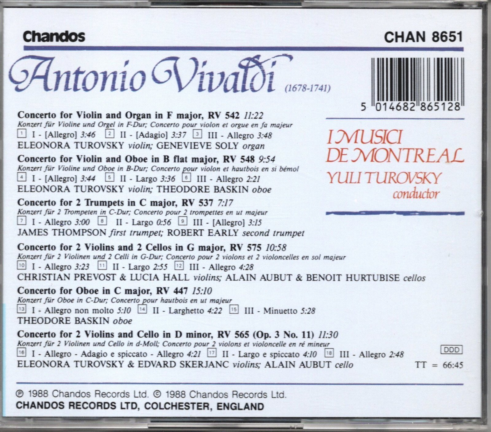 画像2: [中古CD] 英Chandos イ・ムジチ・ドゥ・モントリオール／ヴィヴァルディ 協奏曲集