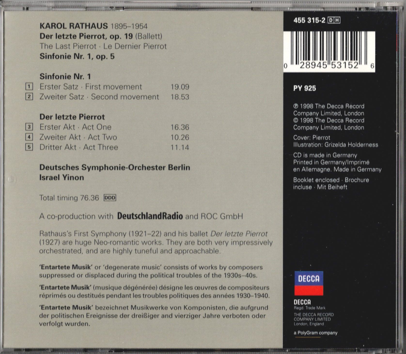 画像2: [中古CD] 独DECCA 退廃音楽シリーズ、ラートハウス／最後のピエロ, 交響曲第1番