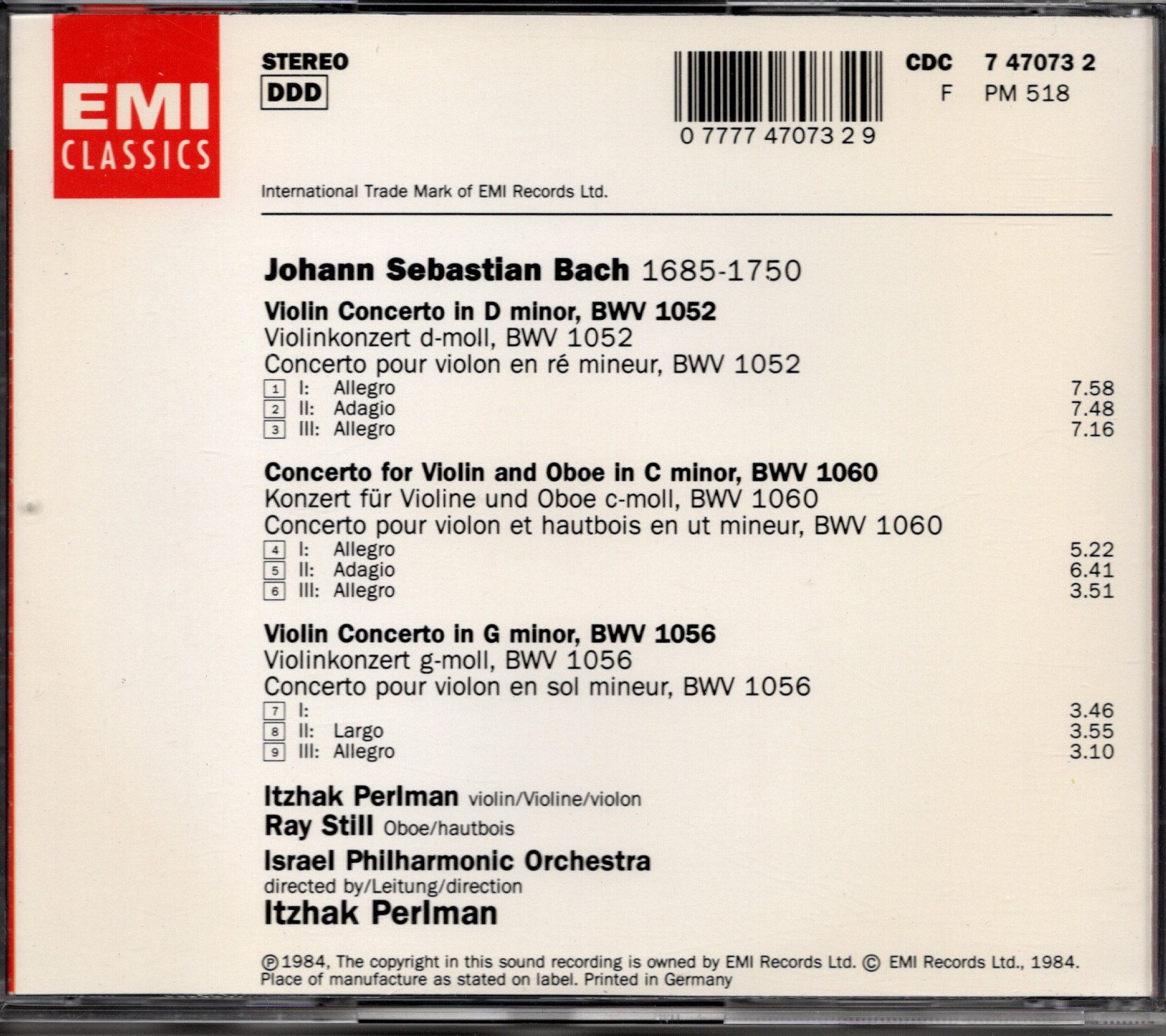 画像2: [中古CD] 欧EMI(蘭プレス) パールマン／J.S.バッハ ヴァイオリン協奏曲, ヴァイオリン&オーボエ協奏曲