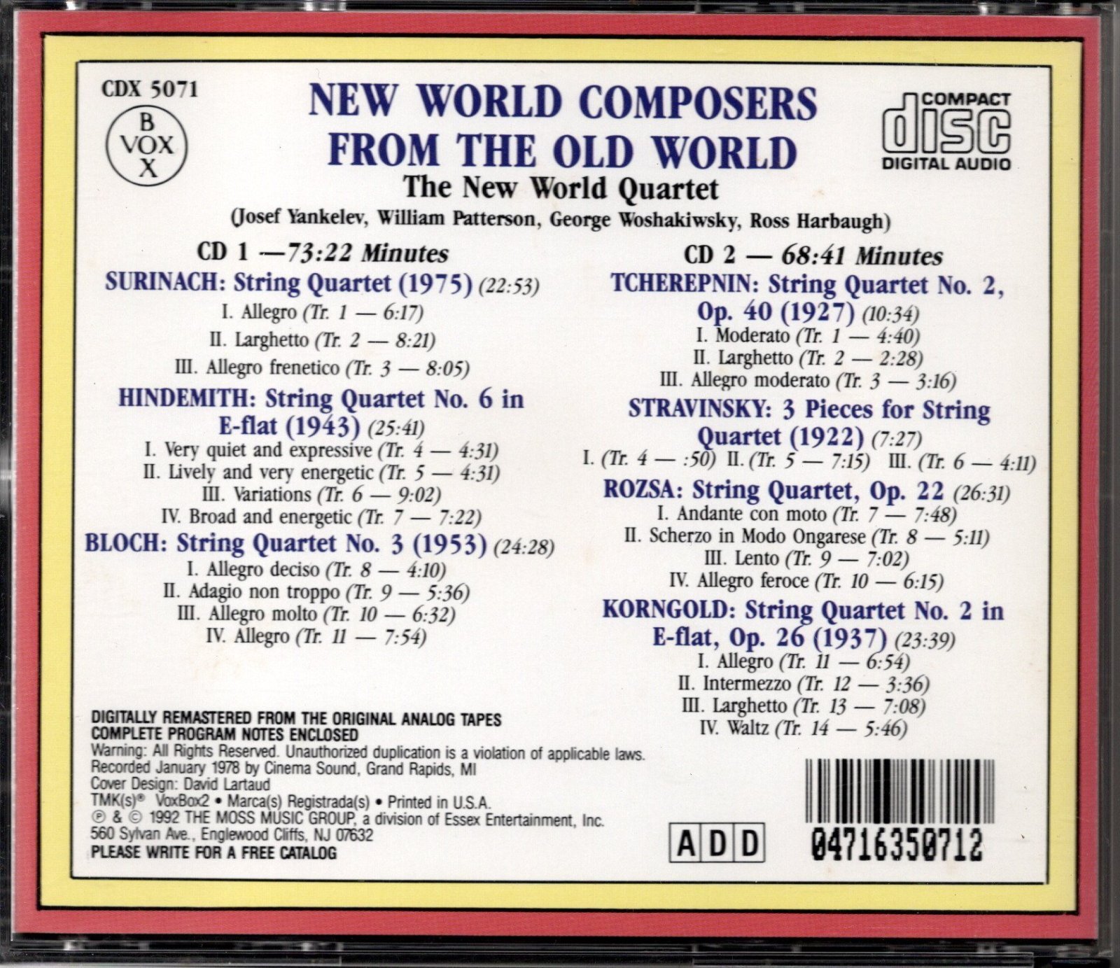 画像2: [中古CD・２枚組] 米VOX ニュー・ワールド弦楽四重奏団／"新世界の弦楽四重奏曲"