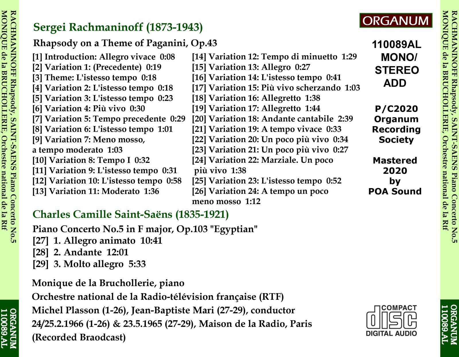 画像2: [新品CD-R] ORGANUM モニク・ドゥ・ラ・ブリュショルリ、ライヴ／ラフマニノフ パガニーニ狂詩曲, サンサーンス ピアノ協奏曲第5番