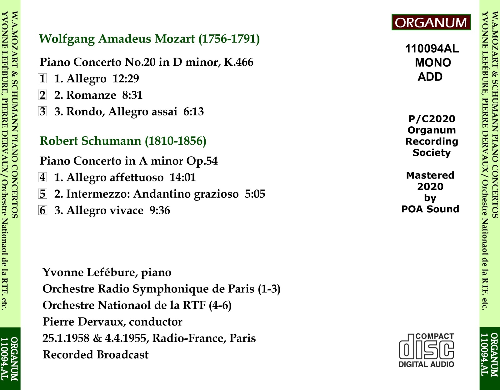 画像2: [新品CD-R] ORGANUM イヴォンヌ・ルフェビュール、スタジオ・ライブ／モーツァルト ピアノ協奏曲第20番, シューマン ピアノ協奏曲