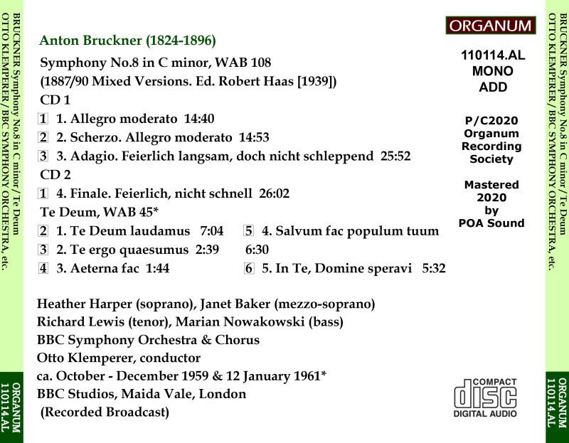 画像2: [新品CD-R・2枚組] ORGANUM クレンペラー＆BBC響 '59,'61年放送ライヴ/ブルックナー 交響曲第8番, テ・デウム