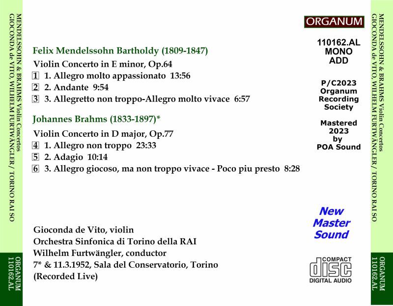 画像2: [新品CD-R] ORGANUM ジョコンダ・デ・ヴィート&フルトヴェングラー/メンデルスゾーン&ブラームス ヴァイオリン協奏曲