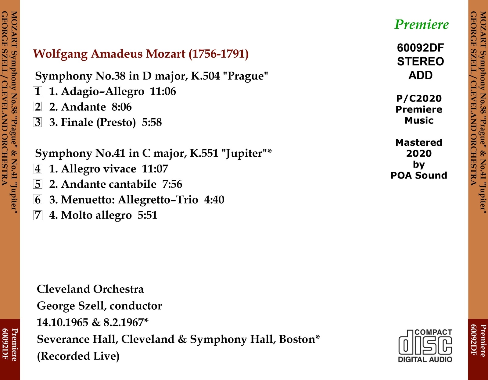 画像2: [新品CD-R] PREMIERE セル＆クリーヴランド管 STEREOライヴ/モーツァルト 交響曲第38番「プラハ」, 第41番「ジュピター」