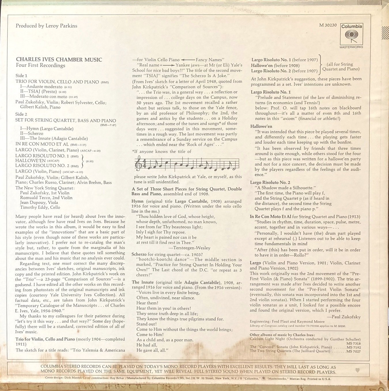 画像3: 米COLUMBIA アイヴズの室内楽作品集／P.ズーコフスキー他