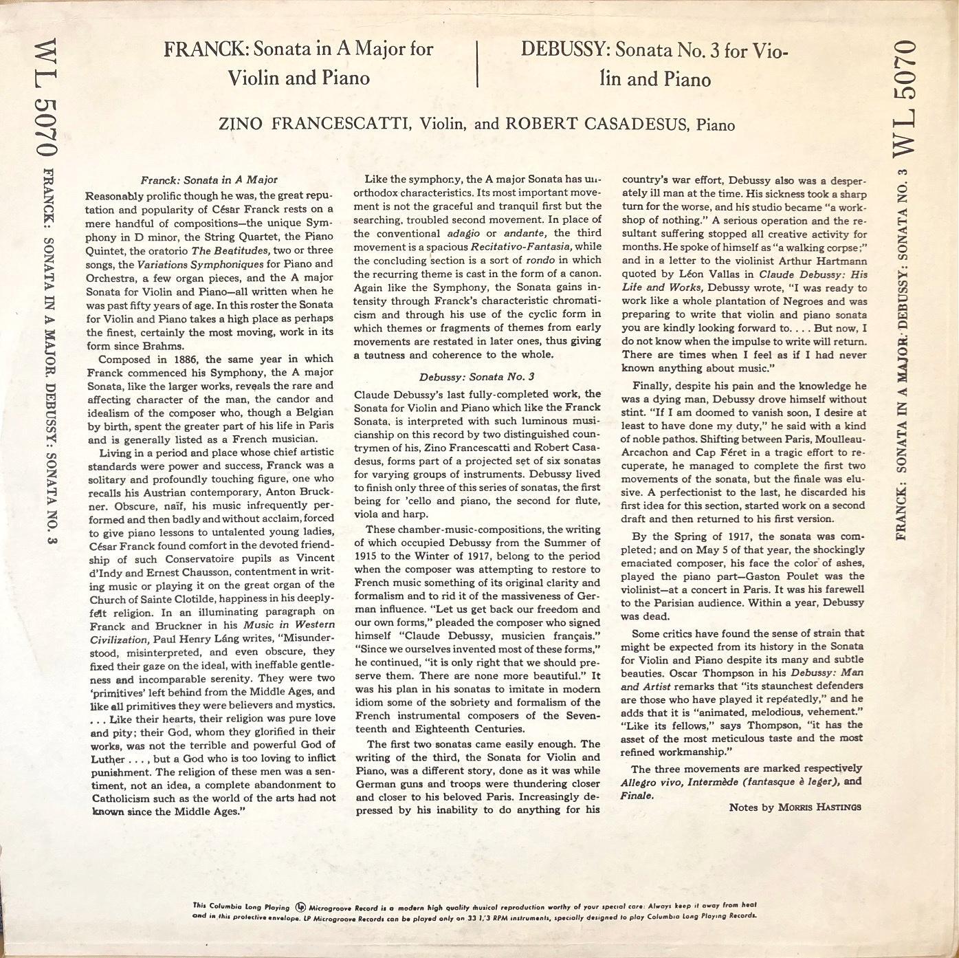 画像3: COLUMBIA フランチェスカッティ＆カサドシュ／フランク＆ドビュッシー ヴァイオリン・ソナタ集