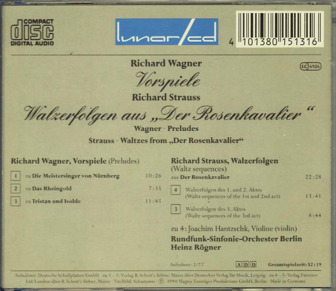 画像2: [中古CD] 独Lunarcd レーグナー/ワーグナー前奏曲集, R=シュトラウス 「ばらの騎士」ワルツ集
