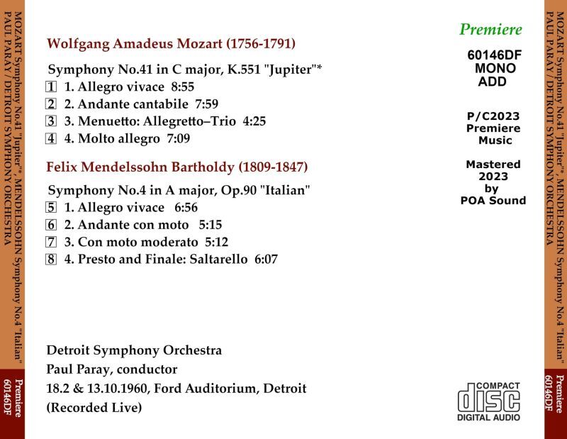 画像2: [CD-R] PREMIERE パレー&デトロイト響'60年ライヴ/モーツァルト 交響曲第41番「ジュピター」, メンデルスゾーン 交響曲第4番「イタリア」