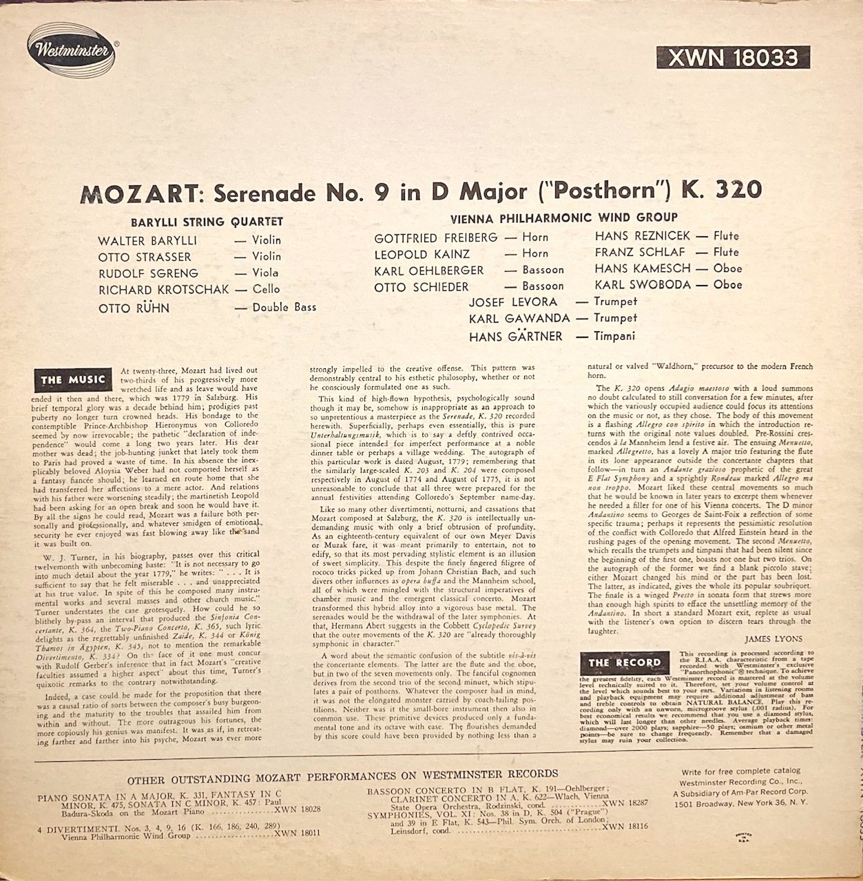 画像3: 米Westminster バリリ弦楽四重奏団&ウィーン・フィルハーモニー木管グループ/モーツァルト セレナード第9番「ポストホルン」